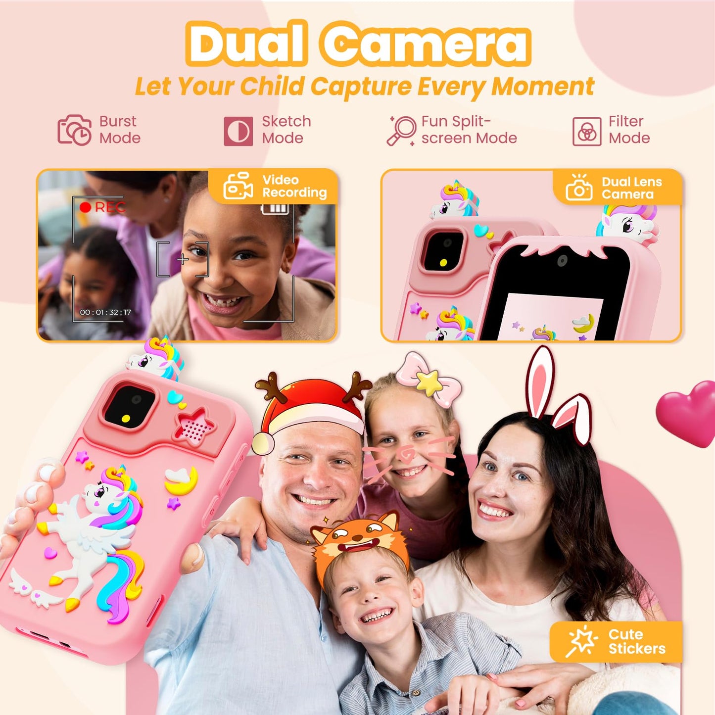 windpaint Kids Phone - Educational Smart Device, 2.8" Touchscreen, Music & Games, Small Size, Pink