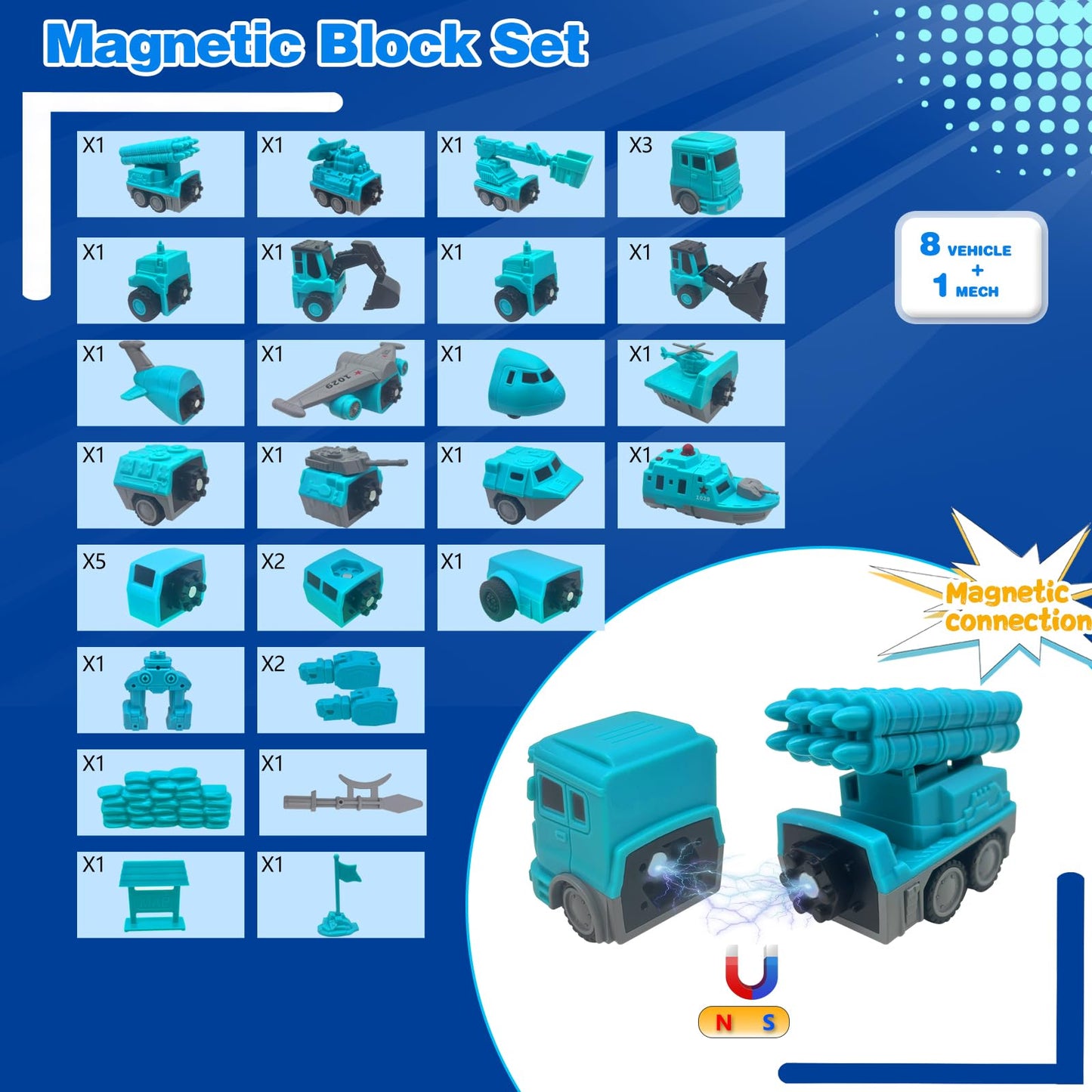 Lawfig Magnetic Transform Vehicles Assembled Toys, Construction Vehicles With Storage Box, 8 In 1 Robot Toys Set, Magnetic Block