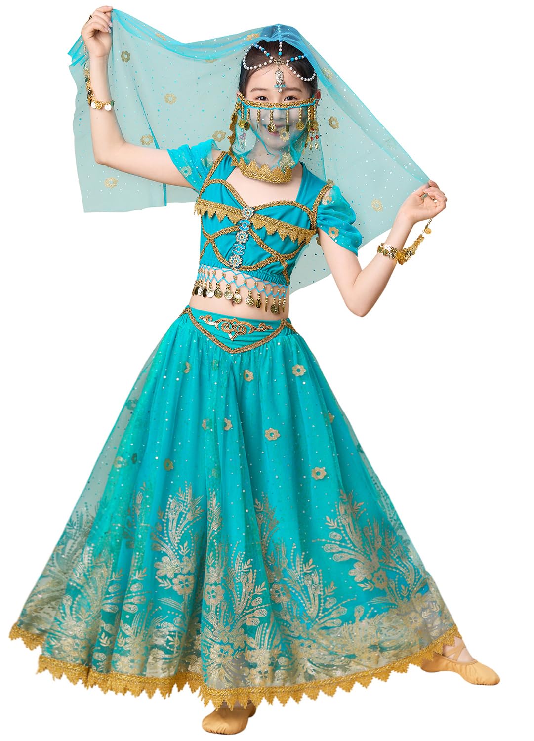 Ellydoor Princess Jasmine Costume For Girls Aladdin Dress Up Halloween Cosplay Party Belly Dance Outfit Blue, Tag 120
