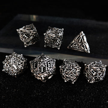 Haomeja Dnd Metal Dice Set - Leaf Vine Design, 7-Piece Polyhedral Dice For Dungeons And Dragons (Silver, Black)