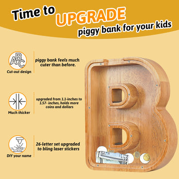 Piggy Bank For Kids Boys Girls, Large Personalized Wooden Letter Piggy Bank With Cut-Out Design, Alphabet Letter Coin Banks, Money Savings Box, Wooden Bank For Kids Creative Gift For Real-Money(Q)
