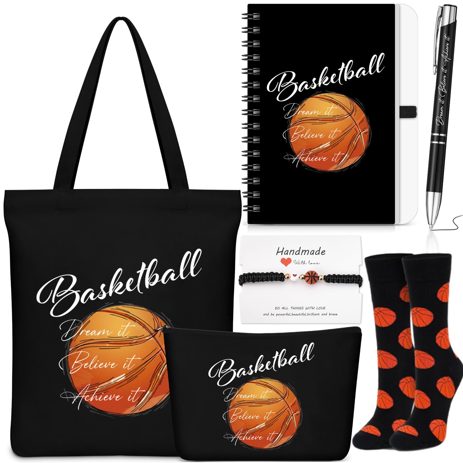 Gersoniel 6 Pcs Basketball Gift Set for Women Men, Basketball Tote Bag, Makeup Bag, Socks, Ballpoint Pen, Bracelet, Notebook, Pa