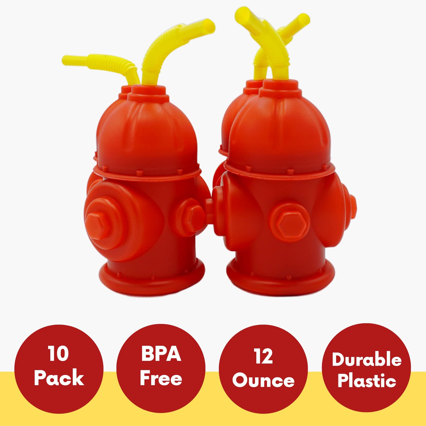 Fire Hydrant Straw Cups With Lids (10 Pack) 12oz - for Paw Dog Party Supplies, Firefighter Birthday Party Favors, Fireman Party