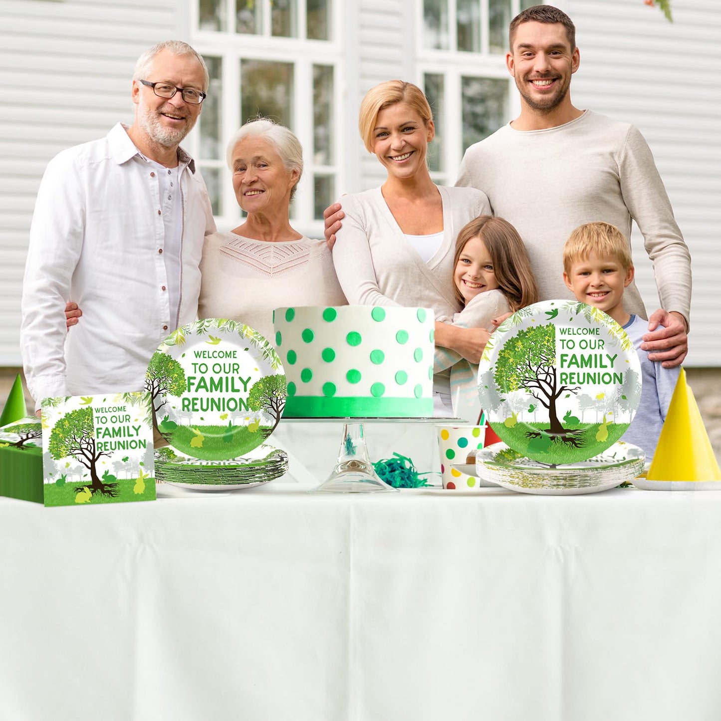 100Pcs Family Reunion Party Decorations Family Tree Reunion Plates Napkins Green Tree Welcome To Our Family Reunion Tableware Se