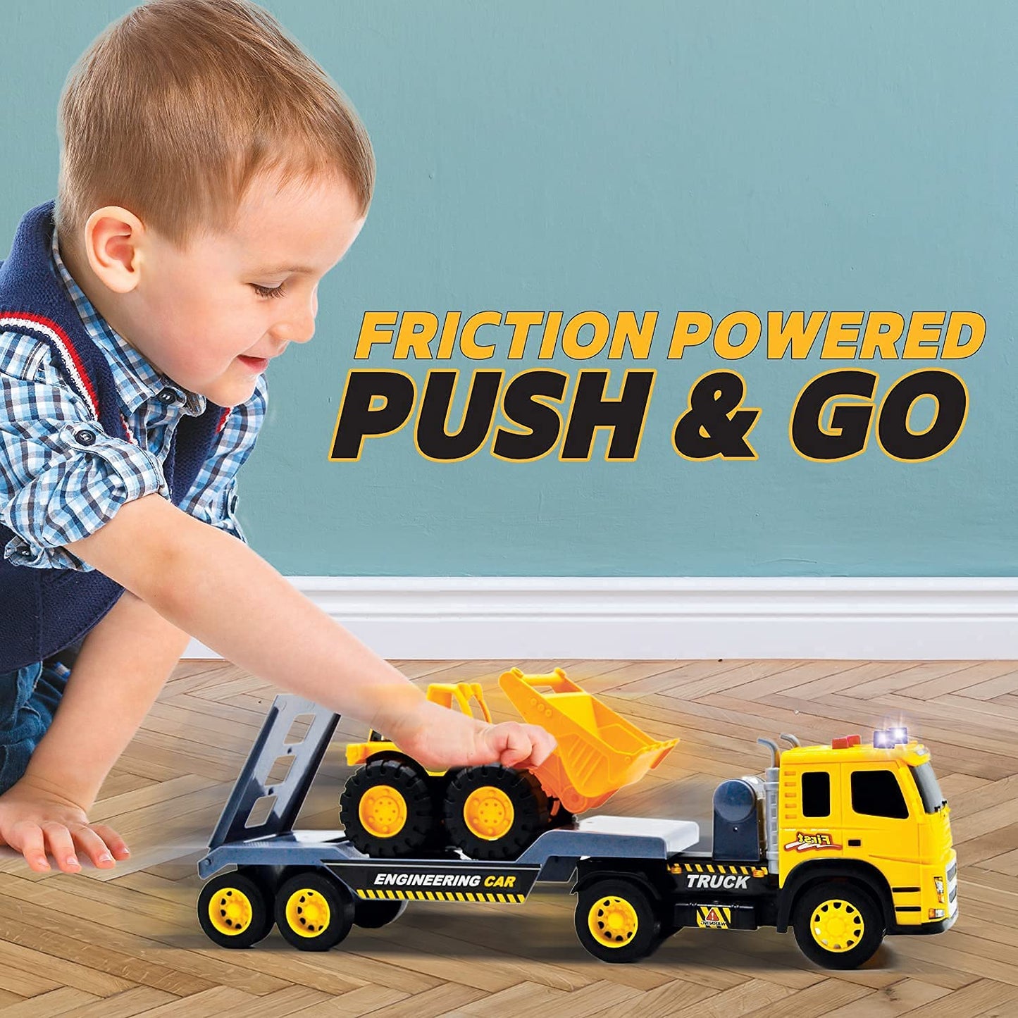 MOBIUS Toys Flatbed Truck with Excavator Tractor Toy - 1:12 Scale, Push and Go Construction Vehicle Playset, Lights & Sounds for