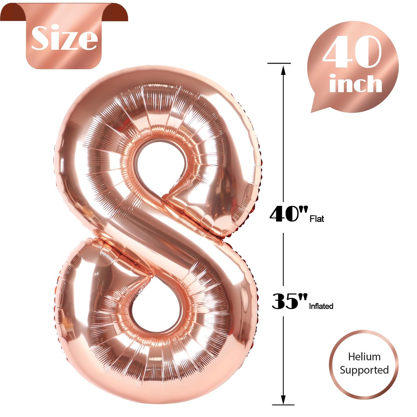 Rose Gold Number 8 Balloon 40 Inch, 8 Balloon Number, 8Th Birthday Decorations, Rose Gold Party Supplies For Boys Girls