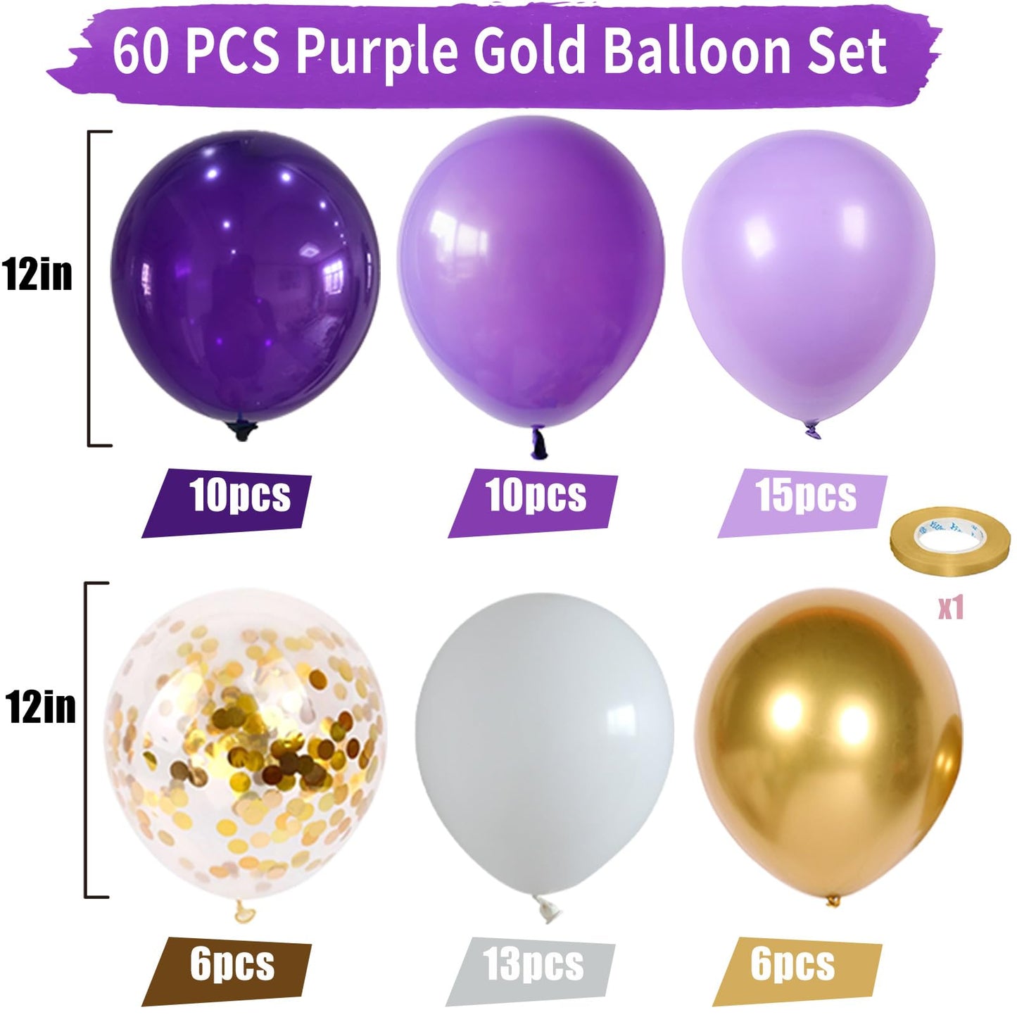 Jobkoo Purple White 60Pcs Balloon Set For Girls Birthday, Princess Themed With Gold Confetti, 12-Inch Latex Balloons For Baby Sh