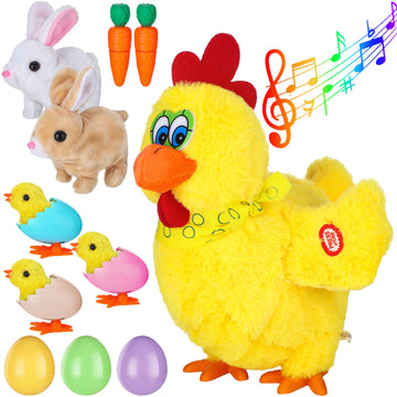 Foilswirl 11 Pcs Easter Plush Toys Include Electric Stuffed Laying Egg Chicken Dancing With Sound Music Interactive Hopping Rabb