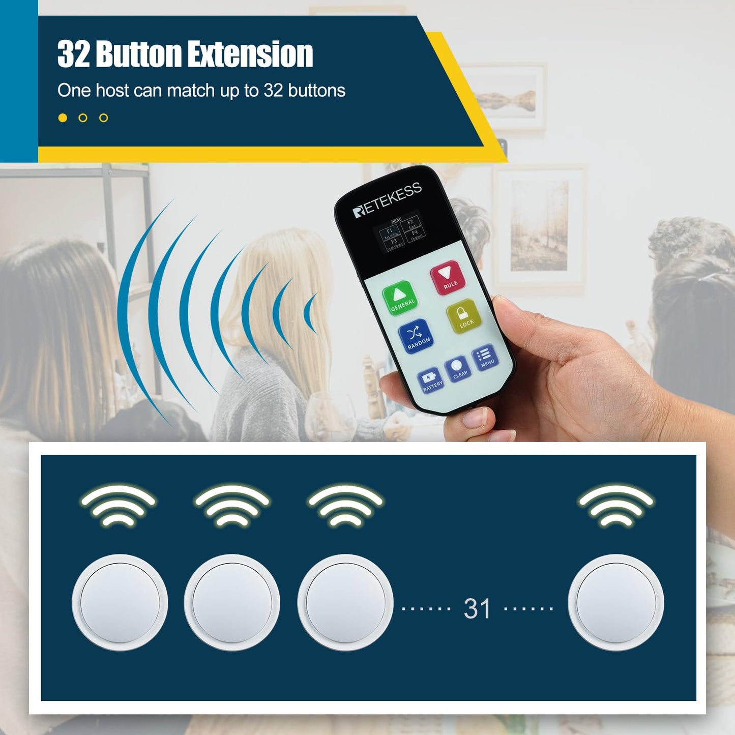 Retekess TM102 Trivia Buzzers - 4 Rechargeable Buzzers, 3 Working Modes, 66ft Range, White/Black, Ideal for Family Feud and Jeopardy Games
