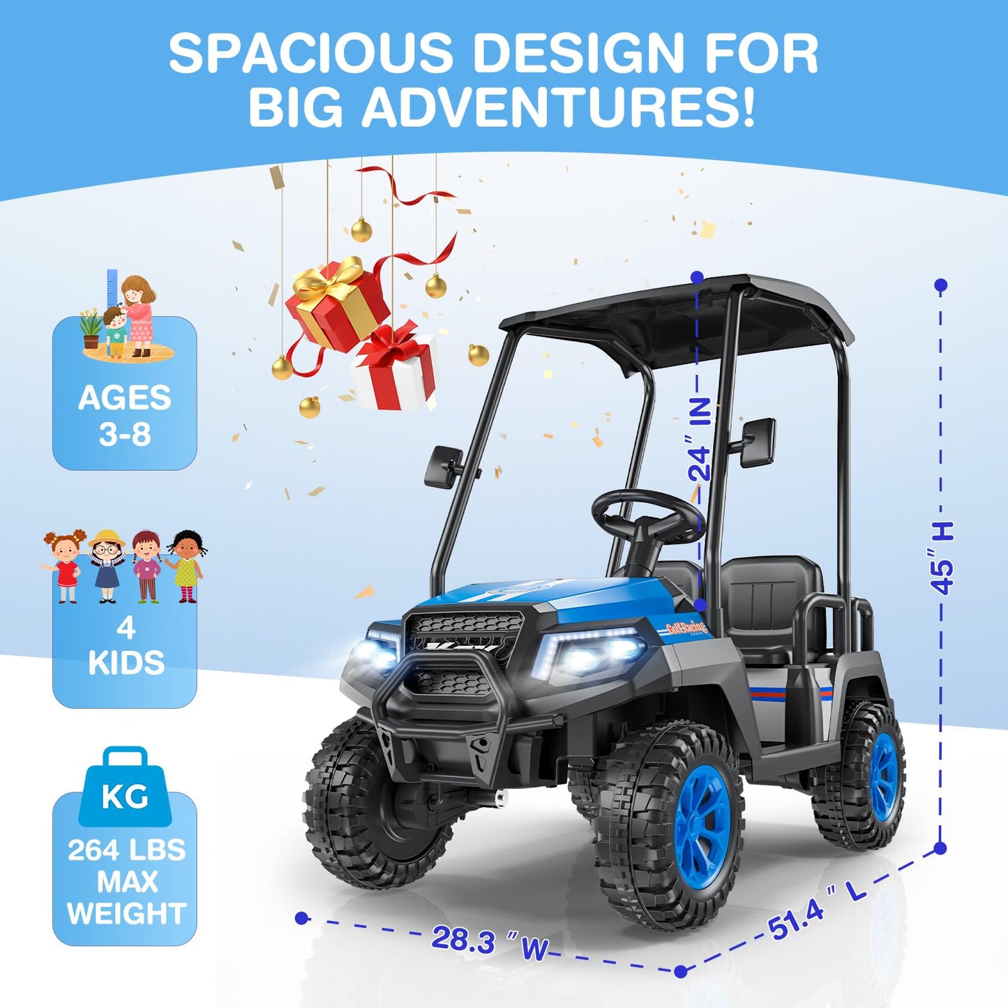 R9 24V Kids Golf Cart, 4 Seats, 4WD Kids Electric Car w/Remote Control, Spring Suspension, Multimedia Functions Including Music,