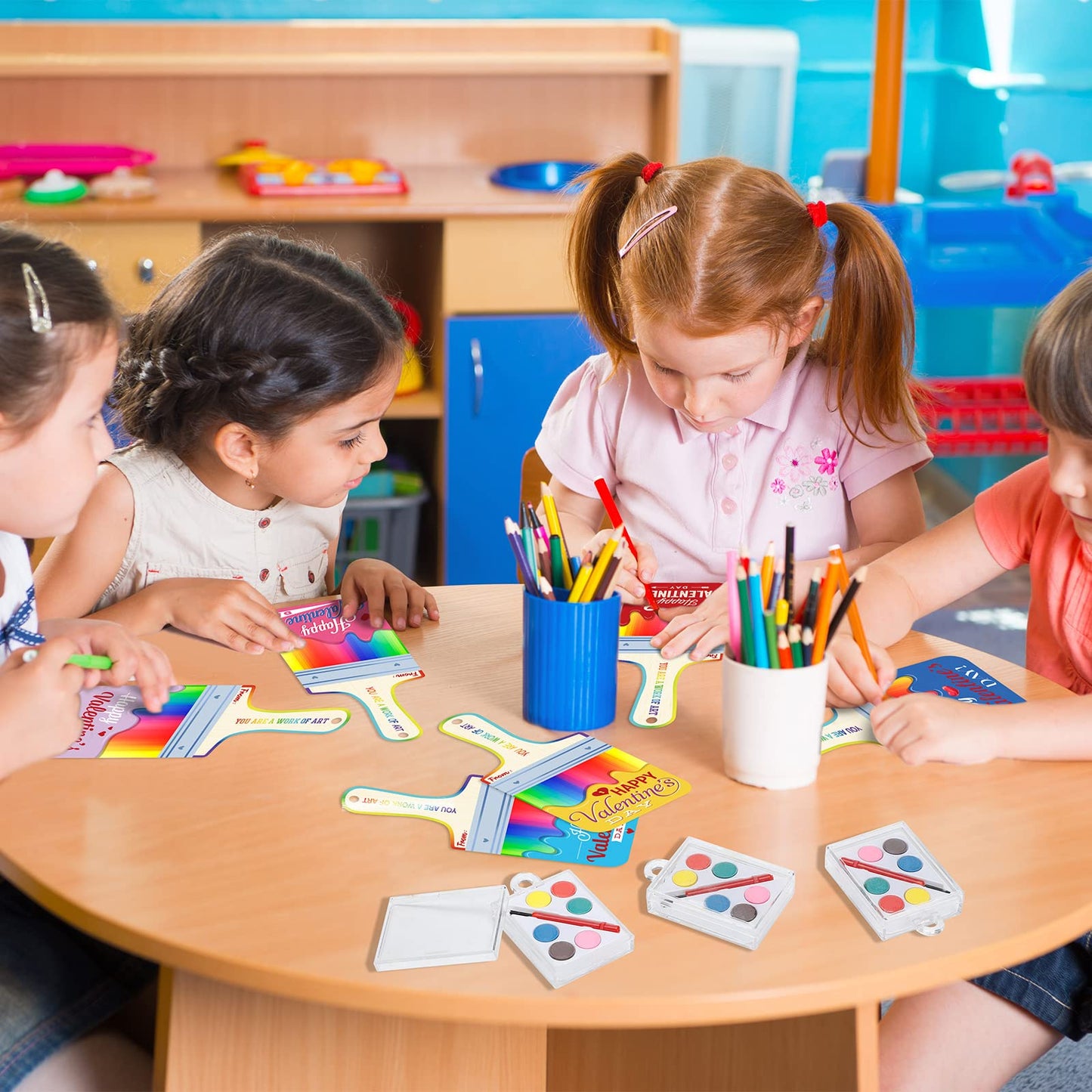 Woanger 48 Pack Valentines Cards with Watercolor Paint Bulk Valentines Day Gifts for Kids Mini Paint Set Funny Valentine Exchang