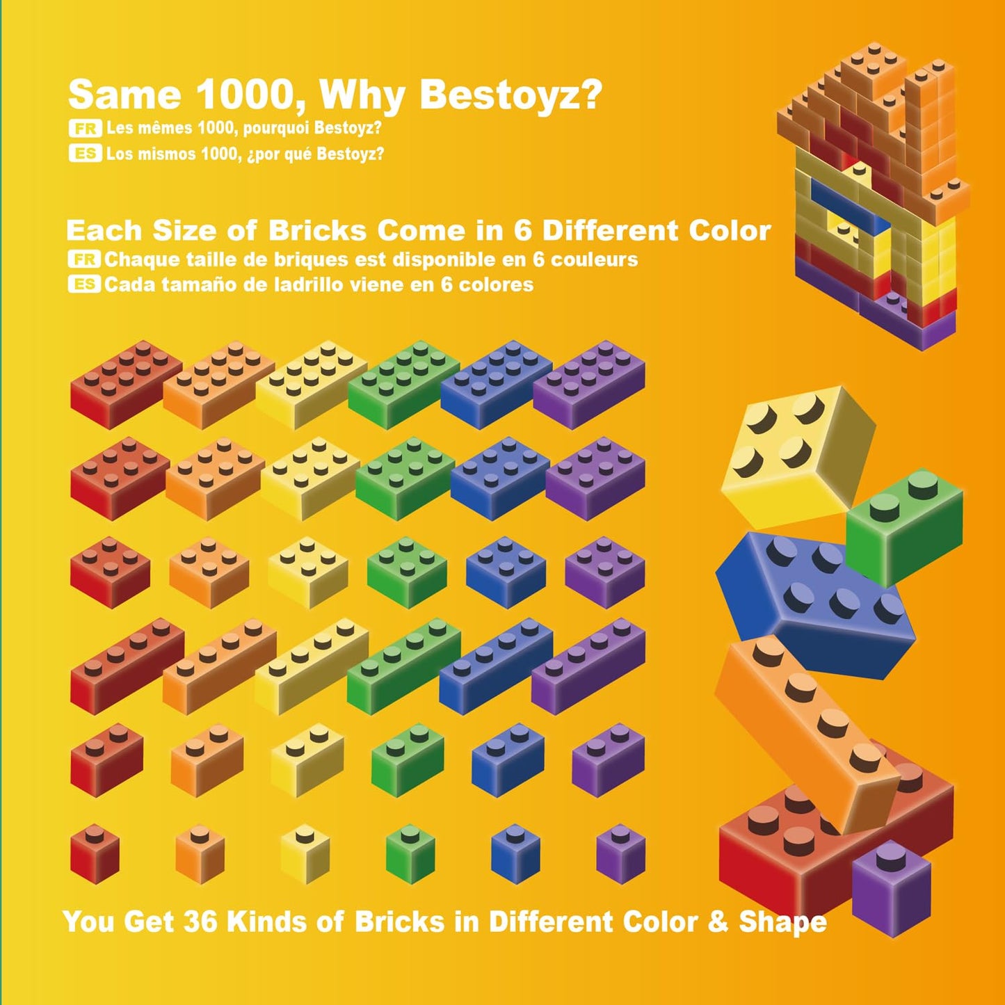 Bestoyz Building Bricks 1000 Pieces In Rainbow Colors, Classic Generic Building Blocks Toys For Boys & Girls, Educational Building Toys For Classroom, School, Toys For Kids Aged 4+