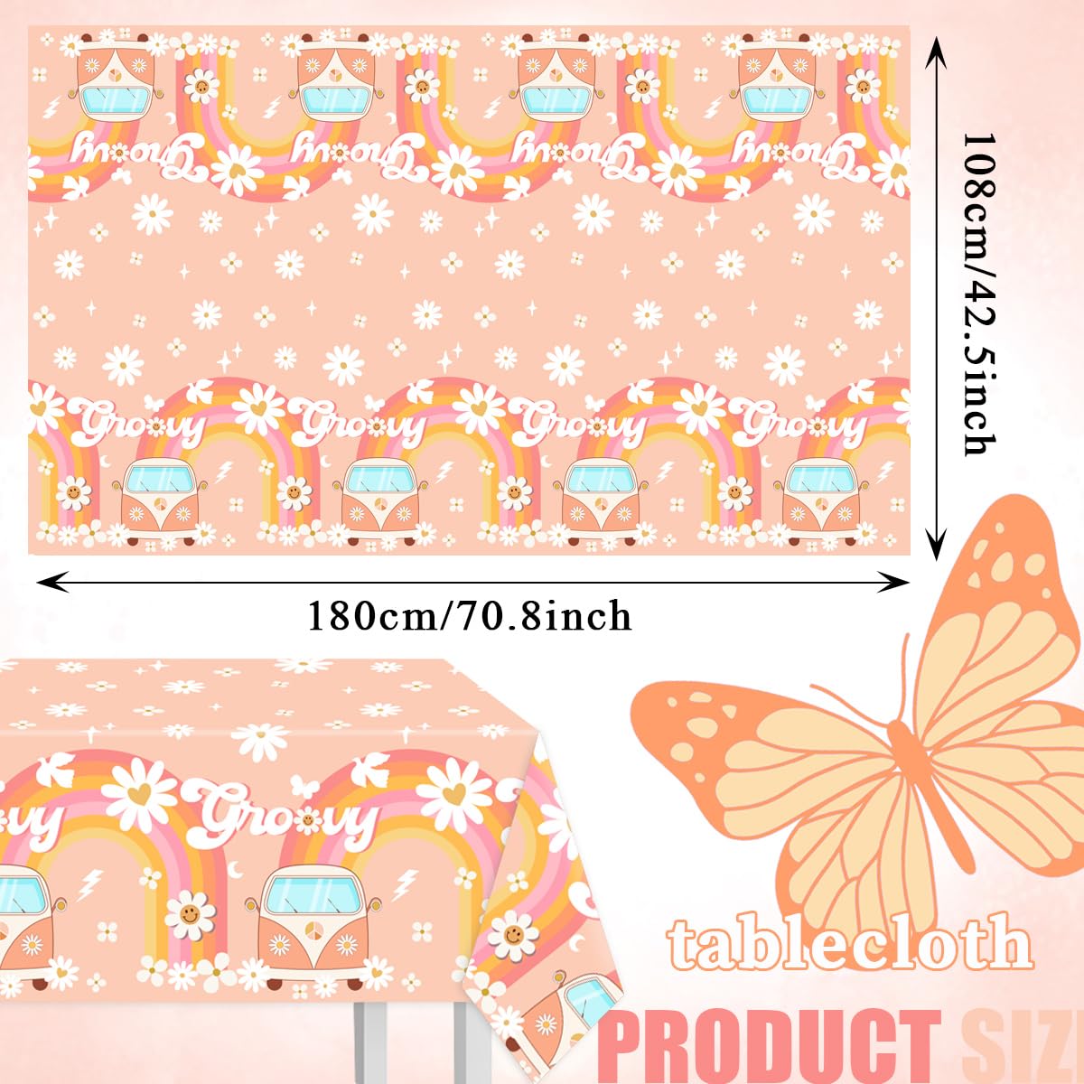 3Pcs Groovy Themed Tablecloths-Groovy Party Supplies Hippie Rainbow Rectangular Plastic Table Covers Daisy Groovy Themed For Gir