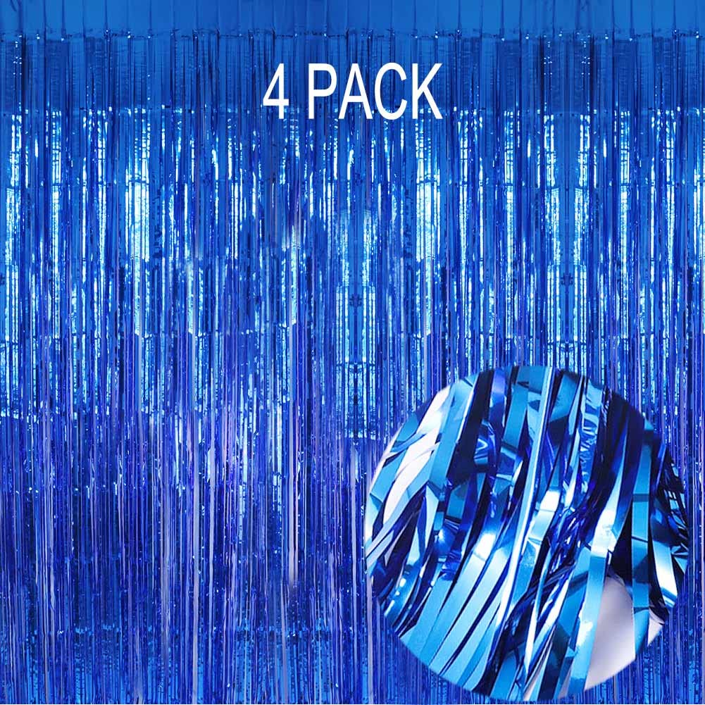EUFARS Blue Foil Fringe Curtain- 4 Pack of 3.2x8.2ft Blue Streamers Backdrop Curtains for Blue Party Decorations Blue Photo Boot