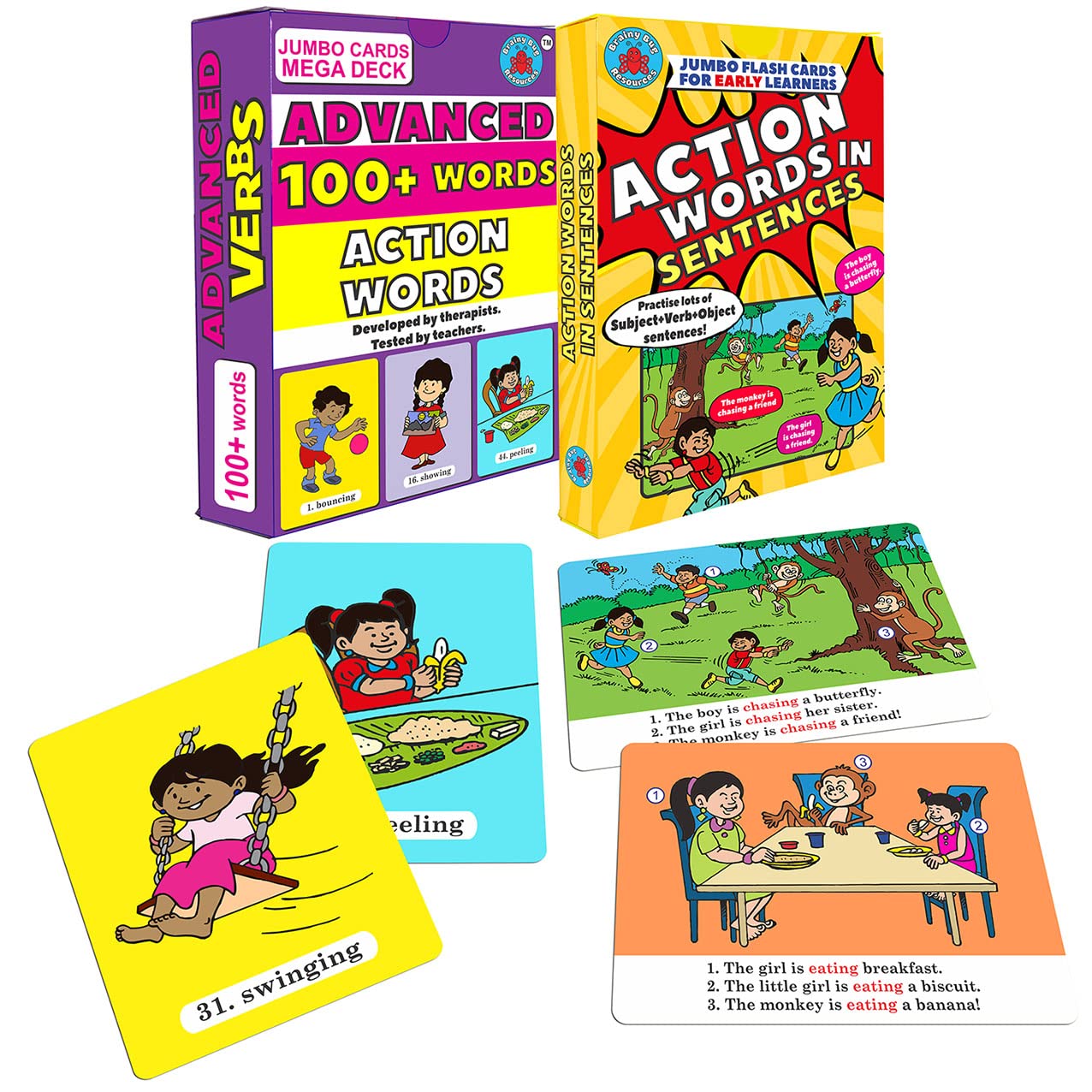 Brainy Bug Resources Advanced Action Words And Action Words In Sentences | Audioenabled Flashcards | Audio In English, Hindi, Ta