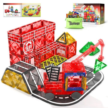 Magnetic Tiles Road Set With Magnetic Crane Edition Car Toys, Magnet Building City Fire Kids Toys For 3 4 5 6 7 Years Old Boys Girls, Magworld Kids Games Construction Stem Toys For Boys Gifts