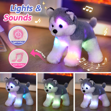 BSTAOFY 12 Musical Light up Husky Puppy Stuffed Animal Realistic LED Singing Dog Soft Plush Toy with Night Lights Glow in The Da