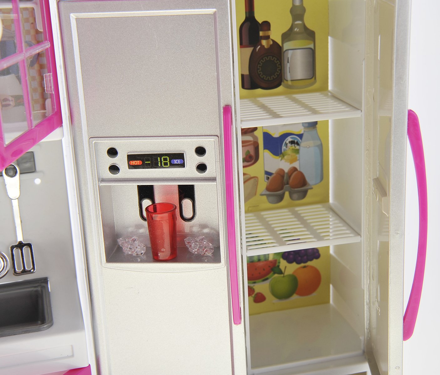 PowerTRC Doll Kitchen Play Set, Mini Modern Toy Kitchen Pretend Play Furnitures Toy Set Accessories Set with Realistic Light & S
