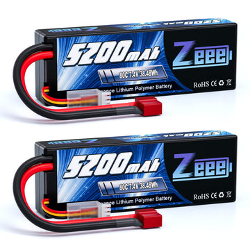 Zeee 7.4V 2S Lipo Battery 5200mAh 80C Hard Case Battery Deans T Plug with Housing for 1/8 1/10 RC Vehicles Car Slash RC Buggy Tr