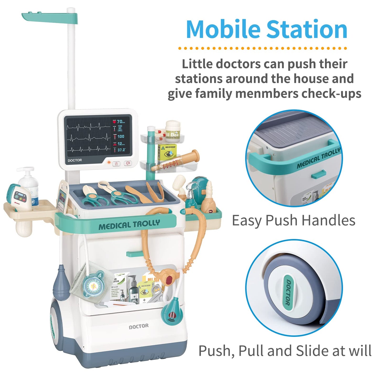 Deejoy Toy Doctor Kit for Kids, Pretend Medical Station Set for Boys & Girls, 26 Accessories Mobile Cart with Lights and Thermom