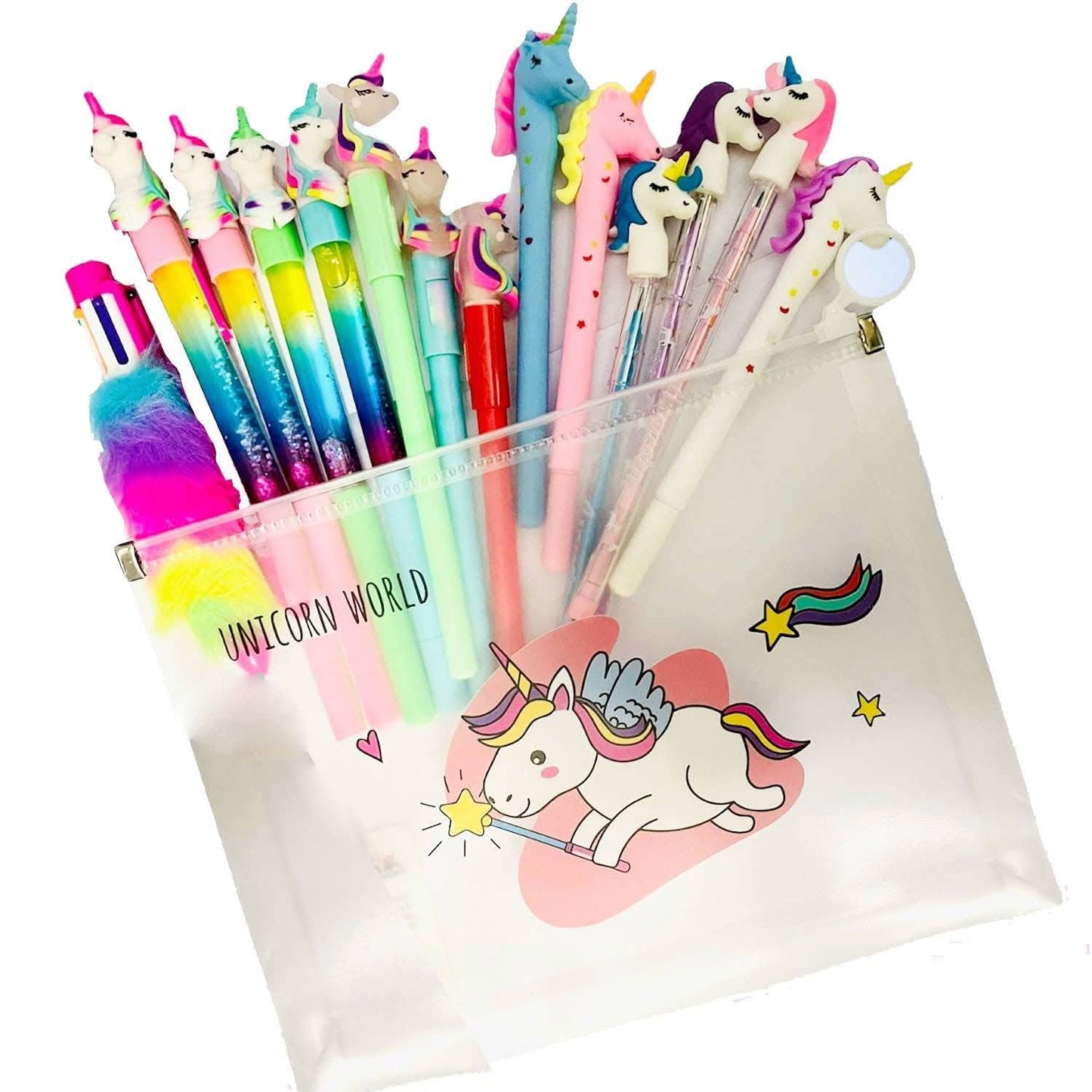 Noiee Set Of Stationery Pens And Pencils Combo Of 8 Unicorn Pen With Unicorn Transparent Big Pouch Stationery Combo For Kids Bes