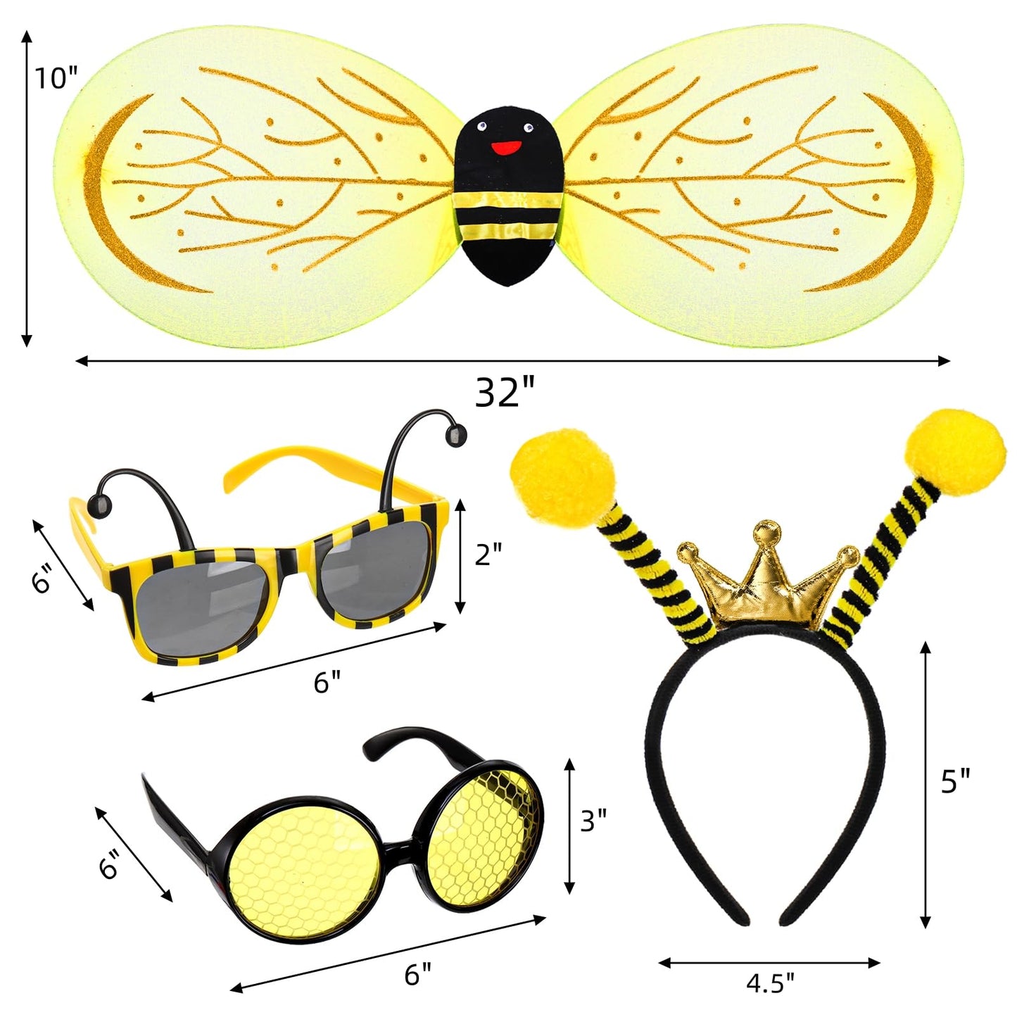 Eorbow 5 Pack Bee Costume Set  Bee Wings with 2 Antenna Headbands and 2 Glasses  Bees Outfit for Men  Women  Bees Dress Up Accessories for Birthday  Halloween  Cosplay Party  Yellow