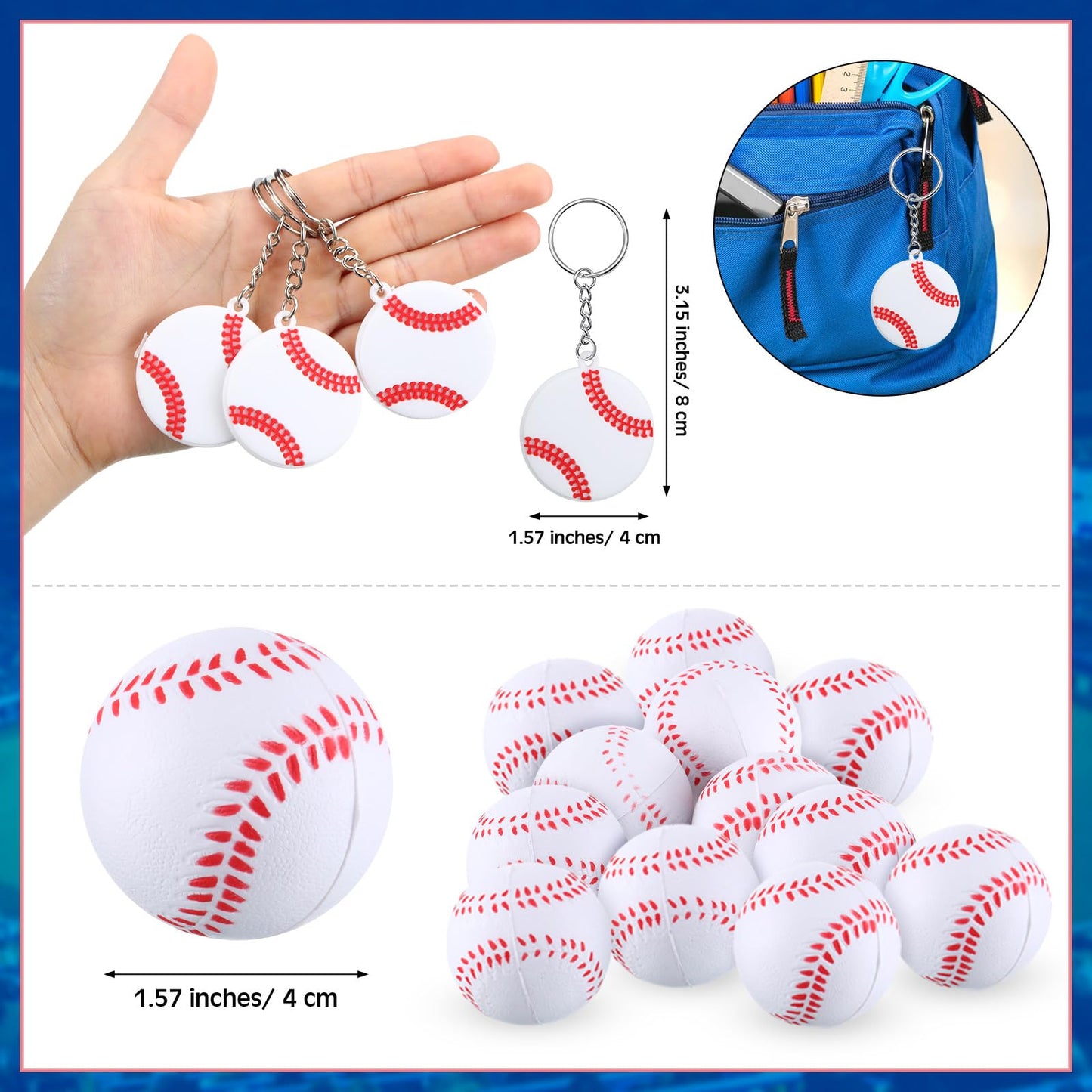 MiniInflat 96 Pcs Baseball Party Favors for Kids Include 24 Baseball Drawstring Bags, 24 Baseball Keychain, 24 Silicone Baseball