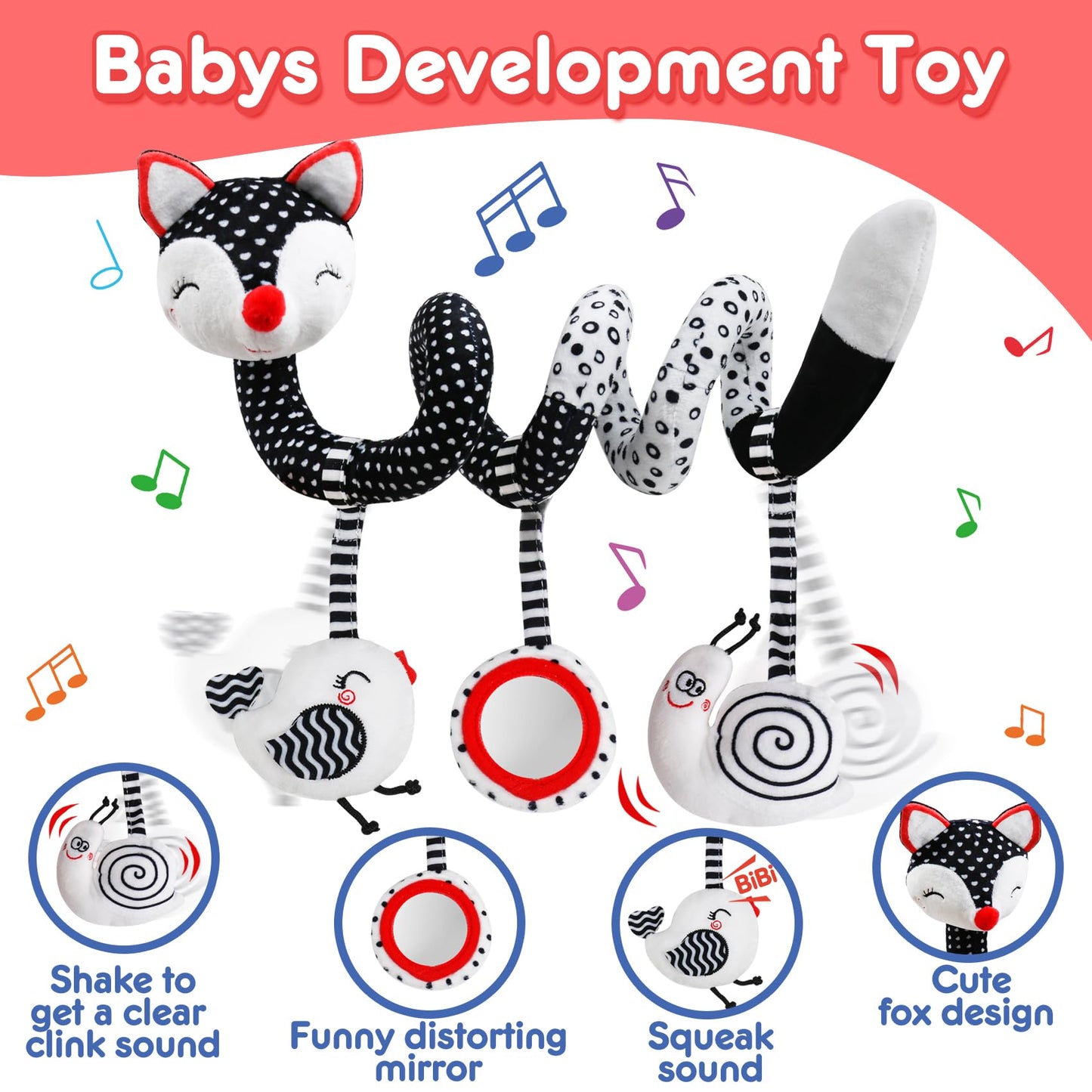 Baby Carseat Toy Black & White Rattle Spiral Hanging Activity Stroller Toy For Newborns Boys And Girls, Quality Baby Gifts For B