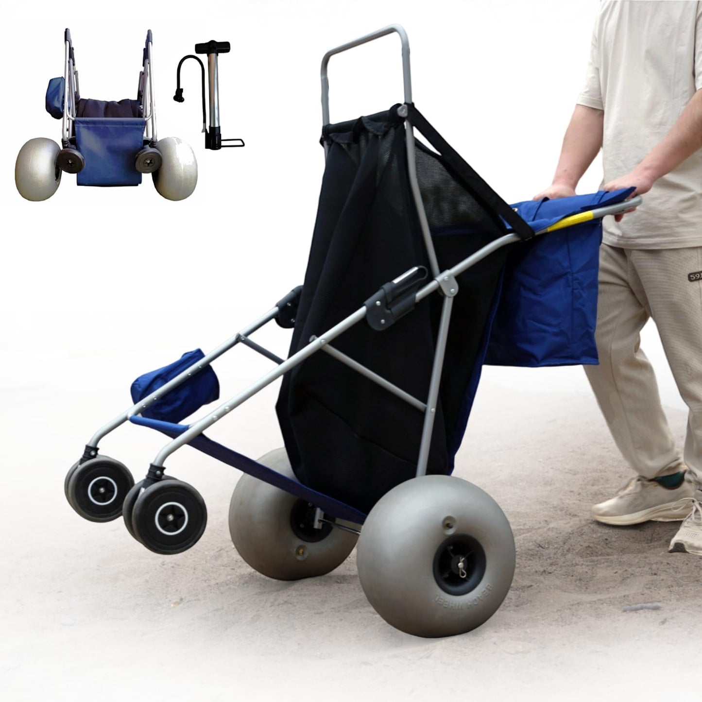 CRESTWALKER Beach Cart with 13 Balloon Wheels, Collapsible Buggy for Sand, Holds 4 Folding Chairs, Blue & Black & Grey
