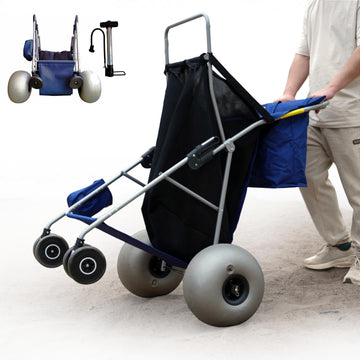 CRESTWALKER Beach Cart with 13 Balloon Wheels, Collapsible Buggy for Sand, Holds 4 Folding Chairs, Blue & Black & Grey