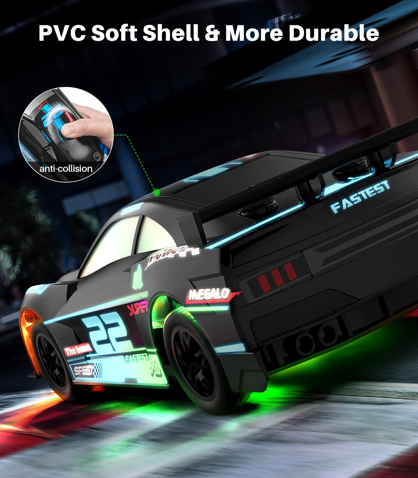 DODOELEPHANT RC Drift Car, 4WD Remote Control Vehicle with LED Lights, 2.4GHz Race Car with Drifting & Racing Tires, 2 Rechargea