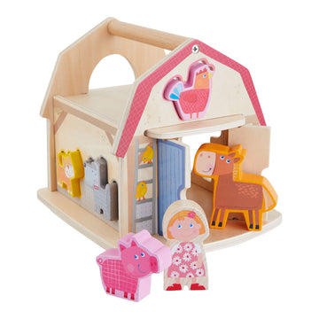 Haba Farmhouse Sorting Box Wooden Shape Sorter Toy With 6 Chunky Wood Farm Animals