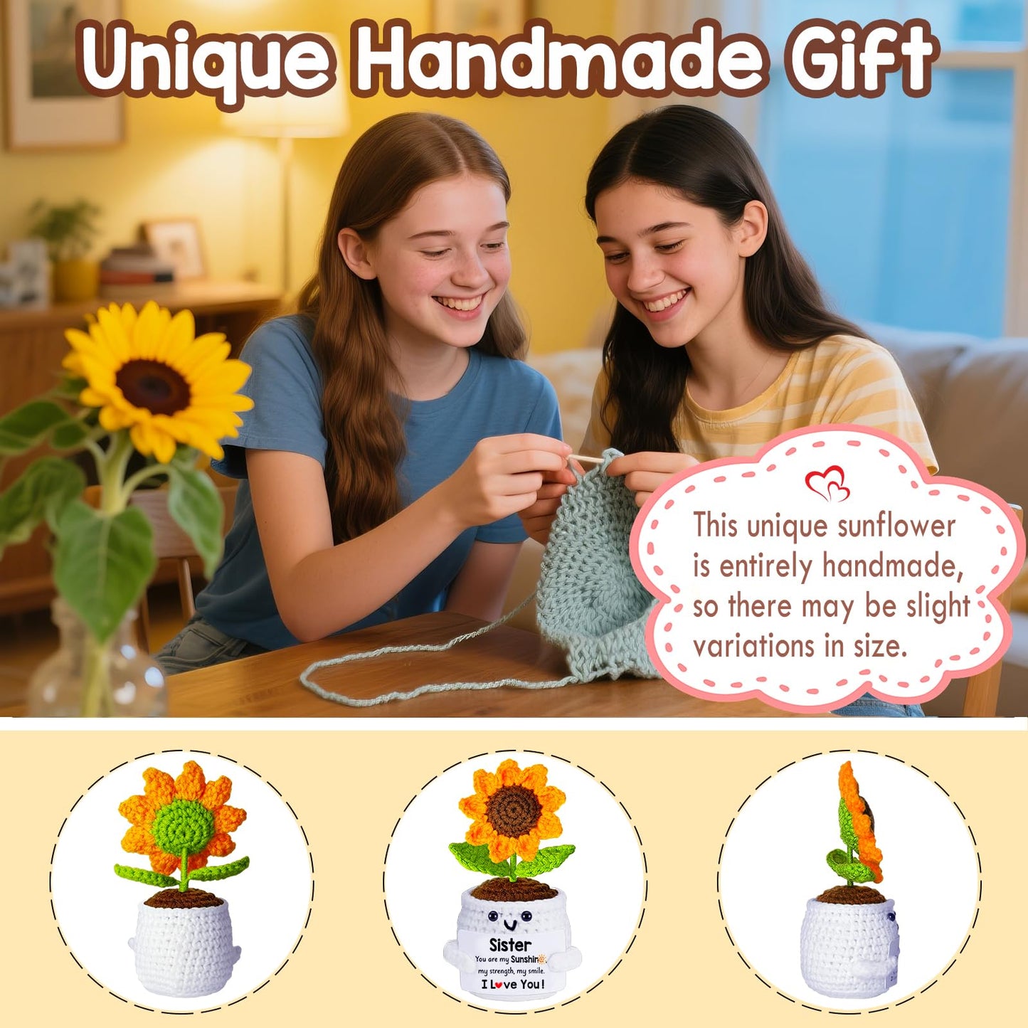 Sister Birthday Gifts, Sister Gifts Of Positive Crochet Sunflower, Emotional Inspirational Support Gift For Sisters, Soul Friend