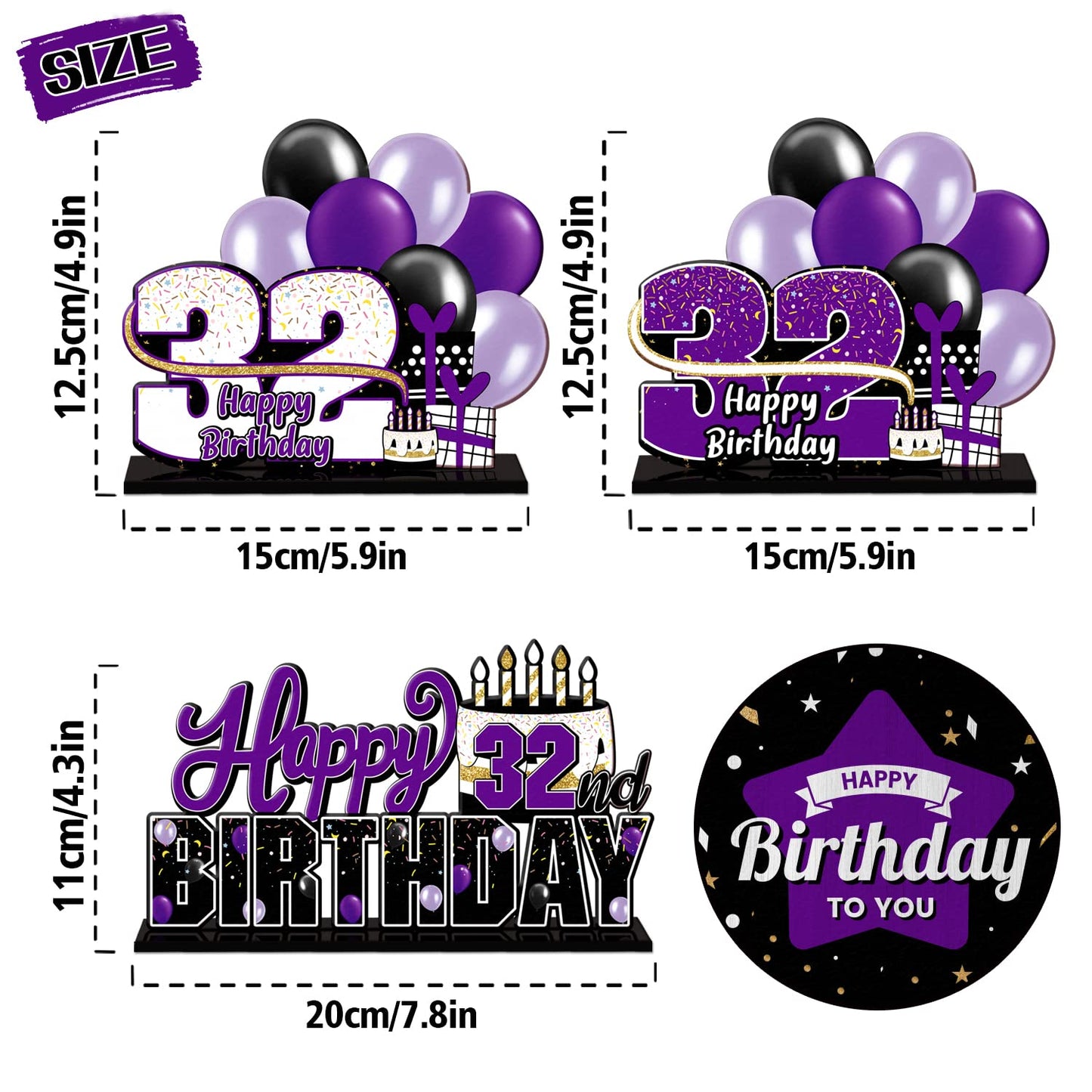 Lingteer Happy 32Nd Birthday Purple Acrylic Table Topper Centerpieces Set - Cheers To 32 Years Old Birthday 32Nd Bday Party Gift Decorations.