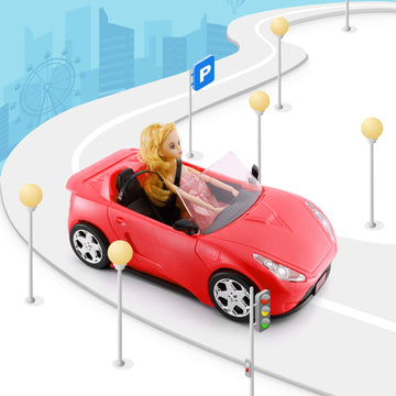 Convertible Car for Dolls, Glittering Deep Red Convertible Doll Vehicle with Working Seat Belts Ideal Gift Increase Children's F