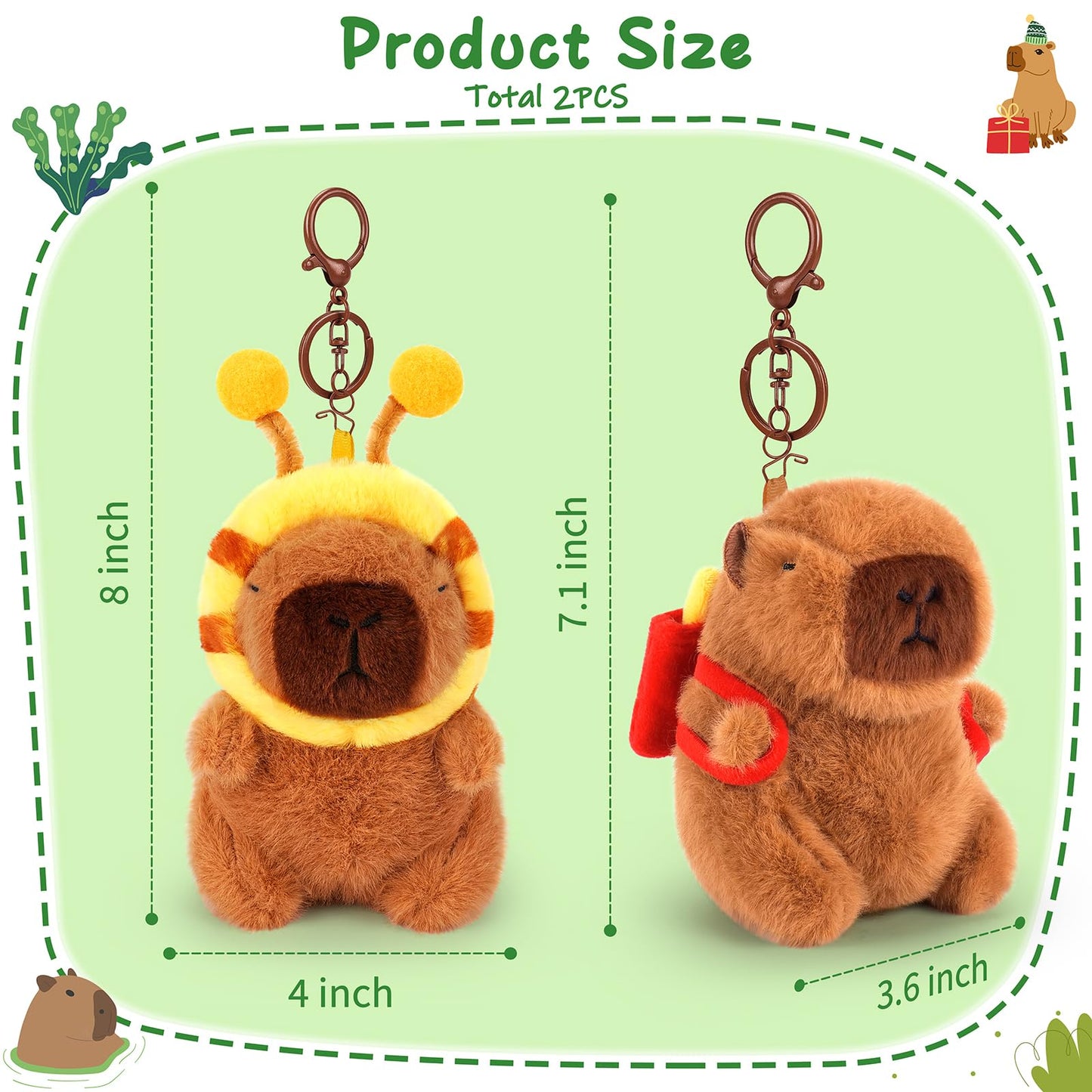 Achwishap 2PCS Capybara Plush Keychain,Cute Keychain Capybara Stuffed Animal,Soft Capybara Plush Toys Key Chain,Kawaii Plushie S