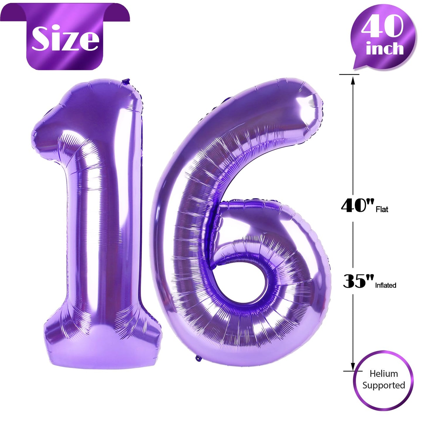 16 Balloon Number, Purple Number 16Th Birthday Balloons 40 Inch, Sweet 16 Years Old Purple Birthday Decorations For Boys Girls,