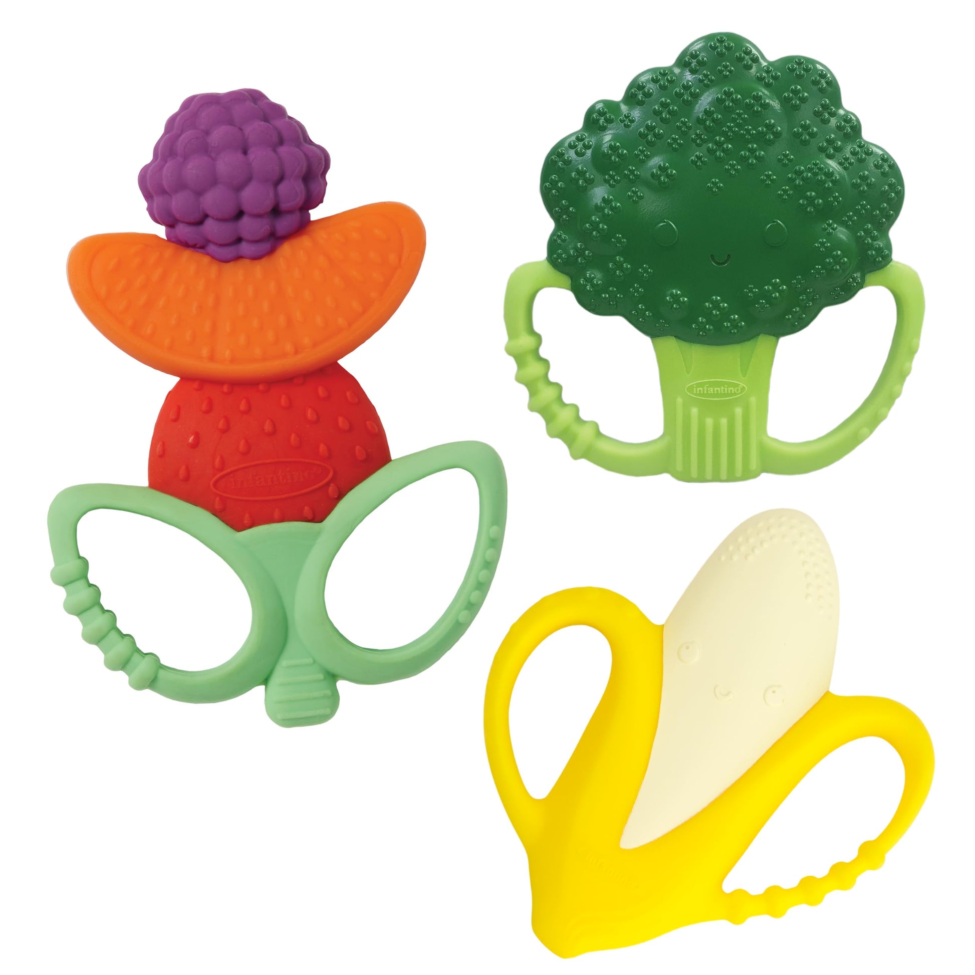 Infantino Farmers Market Teether Gift Set - Set Of 3 Bpa-Free Fruit & Veggie Textured Silicone Teethers For Soothing Sore Gums, 