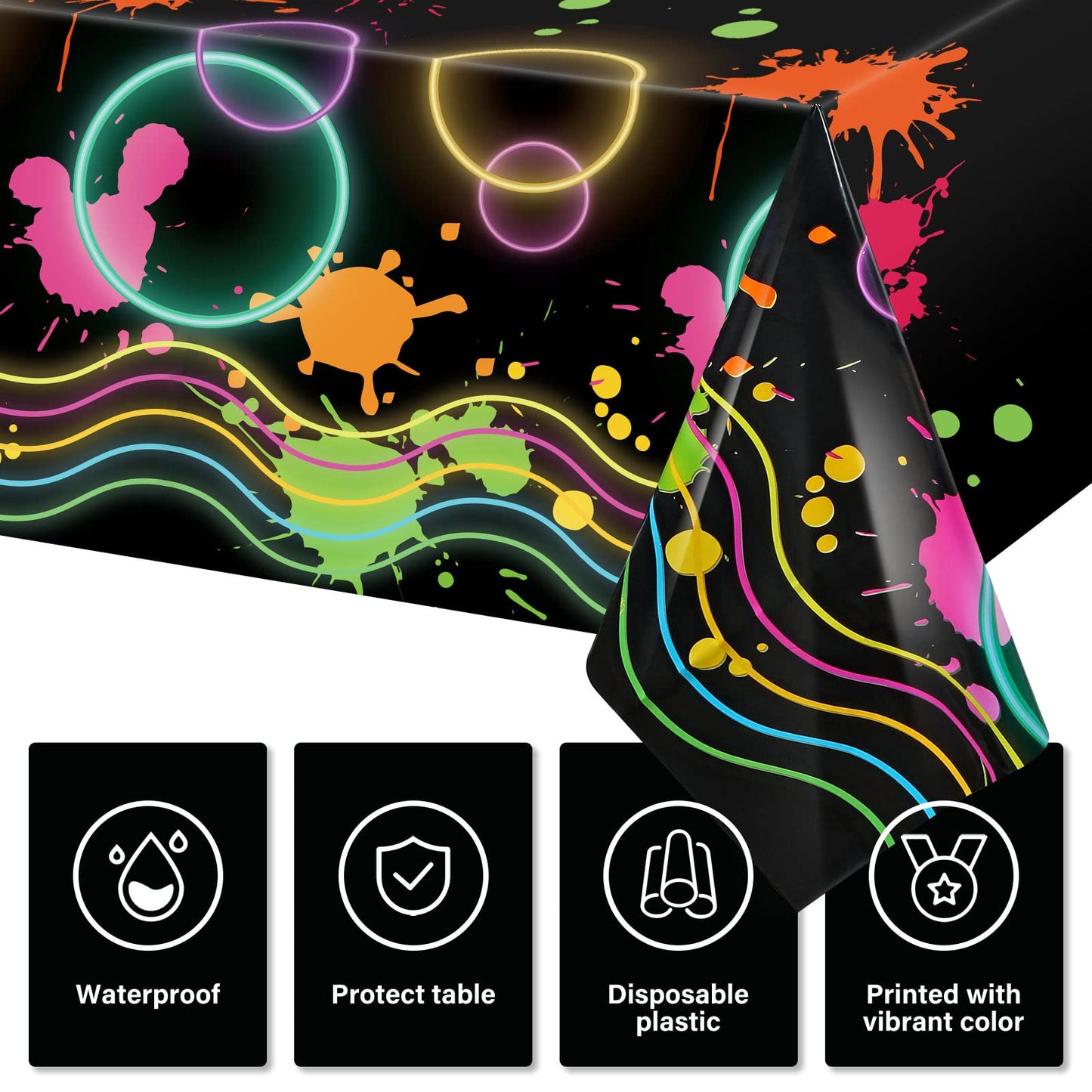 Tatuo 3 Pcs Neon Table Cloths 54 x 108 Glow in The Dark Table Cloths Plastic Neon Tablecloths Disposable Colorful Glow Party