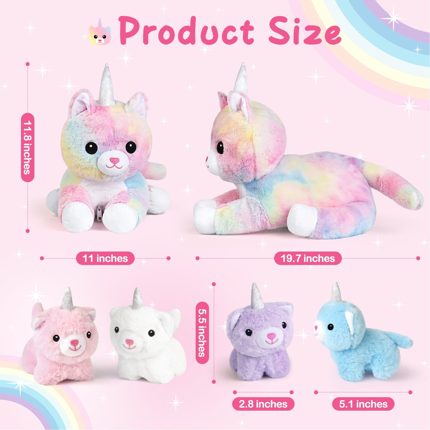 Kmuysl Plush Unicorn Kitty Toys For Girls Ages 3 4 5 6 7 8+ Year - Cat Mommy Stuffed Animal With 4 Baby Kitties In Her Tummy, Animal Stuffed Toys Set, Christmas Valentines Birthday Gifts For Girls