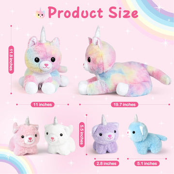 Kmuysl Plush Unicorn Kitty Toys For Girls Ages 3 4 5 6 7 8+ Year - Cat Mommy Stuffed Animal With 4 Baby Kitties In Her Tummy, Animal Stuffed Toys Set, Christmas Valentines Birthday Gifts For Girls