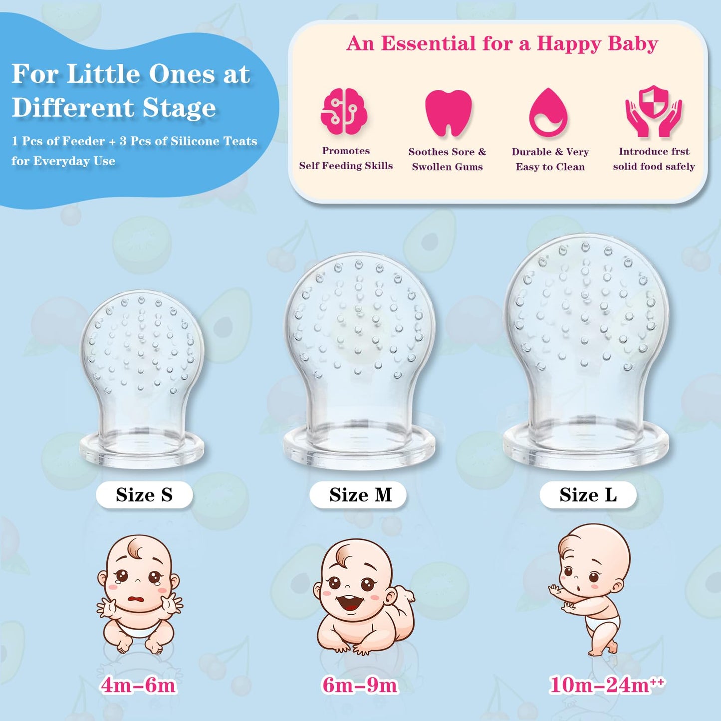 Haobaobei Baby Fruit Feeder, Frozen Teething Toys, Teether Pacifier With 3 Extra Teats, Infant Eating Essentials, Bpa Free Baby