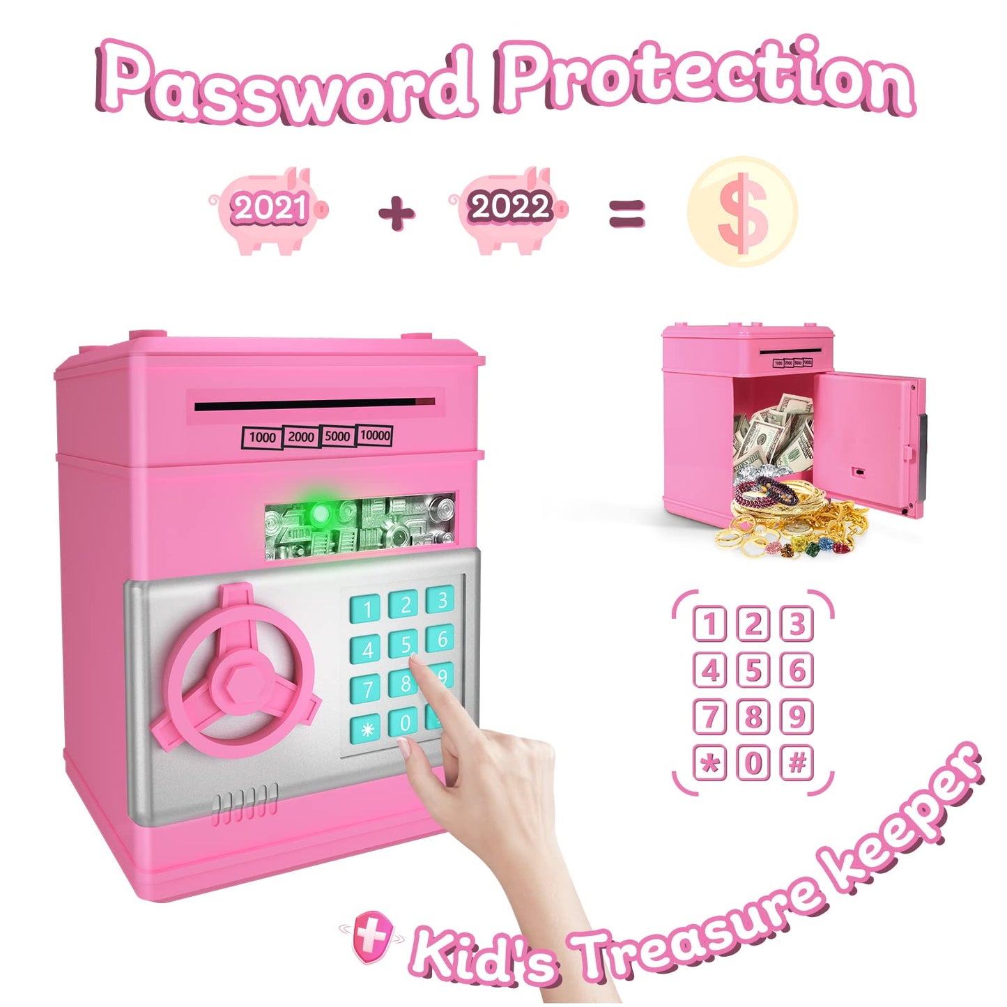 ATM Piggy Bank for Kids Girls, Coin Bank with Safe Password, Electronic Mini ATM Coin Bank with Auto Scroll Paper Money, Kids Pi
