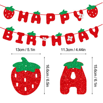 Meetingu Strawberry Happy Birthday Banner, Glitter Strawberry Birthday Party Decoration For Kids Girls Strawberry Birthday Theme