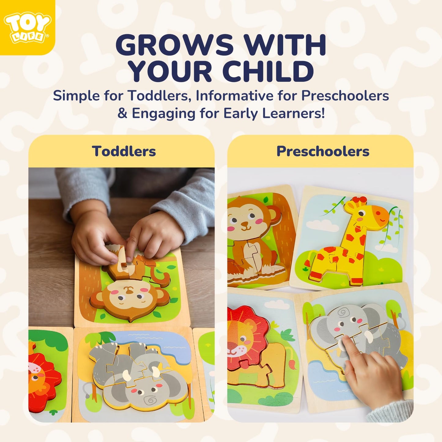 Toy Life Wooden Puzzles For Toddlers 2-4, Toddler Montessori Toys For 1 2 3 Year Old Boys Girls, Animals Wood Jigsaw Puzzles, Ed