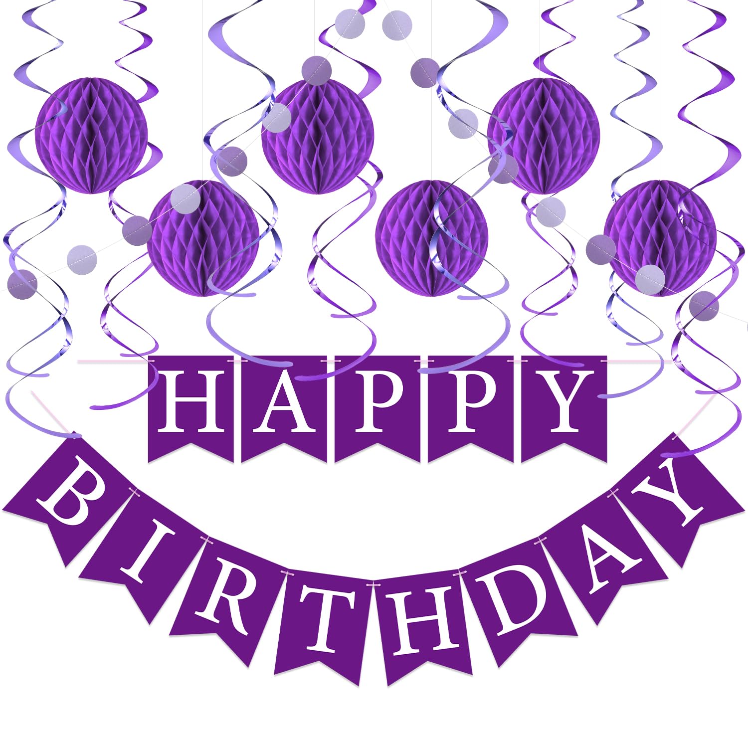 LITAUS, Birthday Decorations, NO DIY - Pack of 16 | Purple Happy Birthday Banner, Honeycomb Balls, Swirls, Garland | Happy Birth