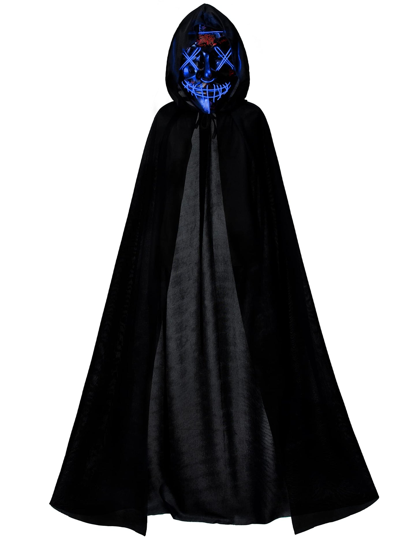 Kids Full Length Hooded Velvet Cloak Halloween Cape Costumes With Blue Led Light Up Scary Mask (47'/120Cm)