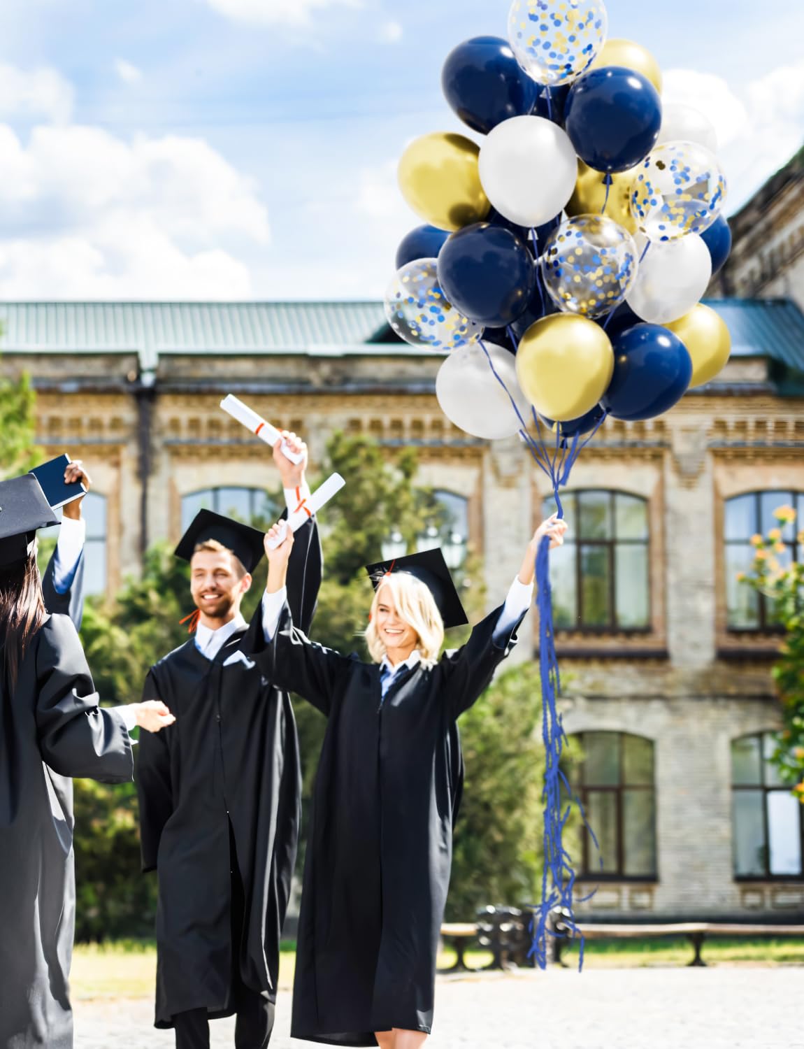 Haolongfa Navy Blue And Gold Confetti Balloons,12 Inch 60Pcs Pearl White And Metallic Gold Latex Balloons For Graduation,Birthda