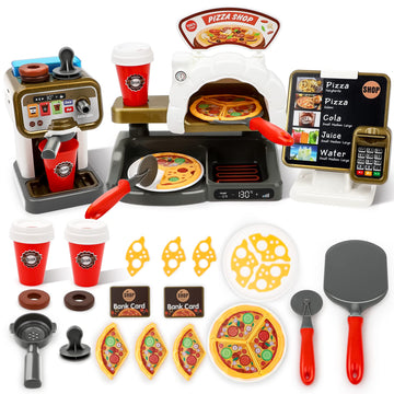 deAO Pretend Play Store Coffee Playset Kids Coffee Maker Play Set Pizzas Shop with Cash Register 30pcs STEM Toy for Kids Great P