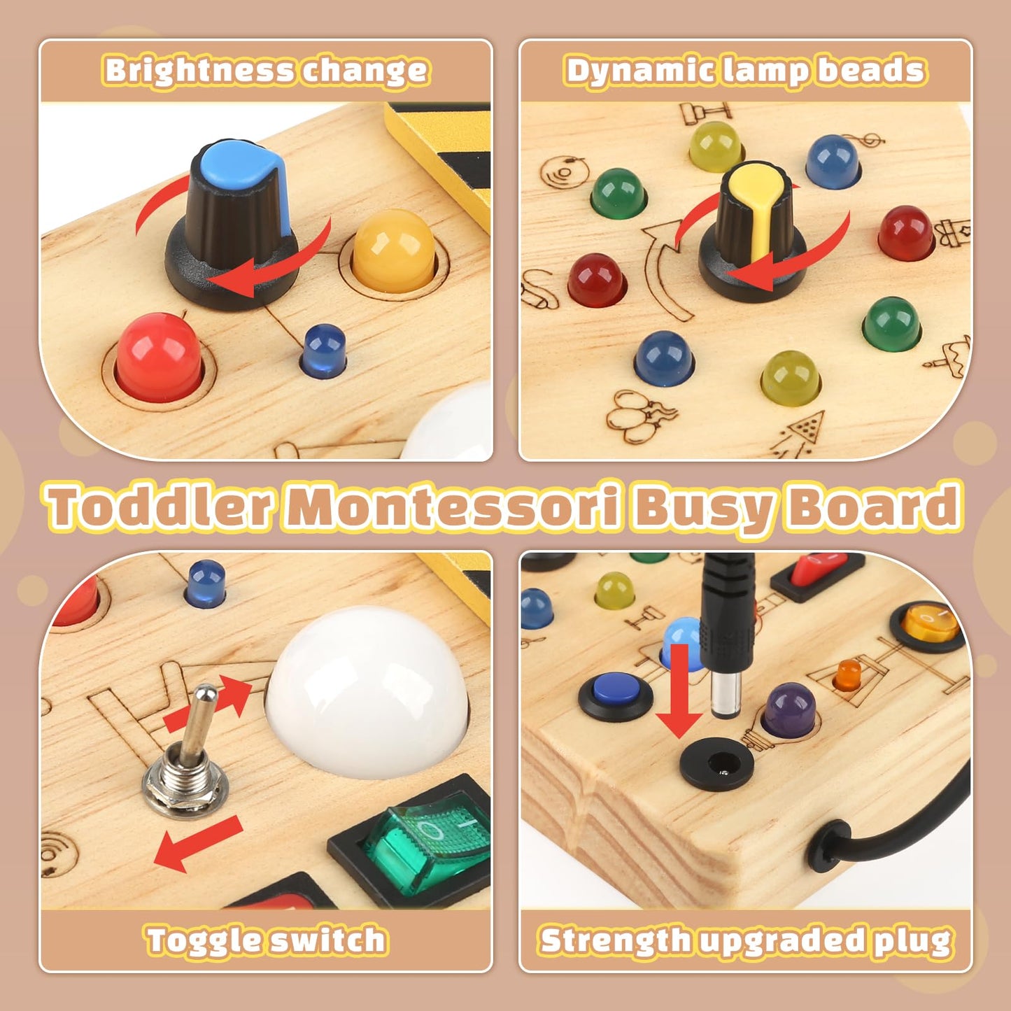 Joyreal Montessori Busy Board Wooden Sensory Toys For Toddler With Led Light Up Switch, Baby Fidget Board Travel Toys For 18+ Months, 1 2 3 Year Old Boys Girls Toddler Toys Gifts